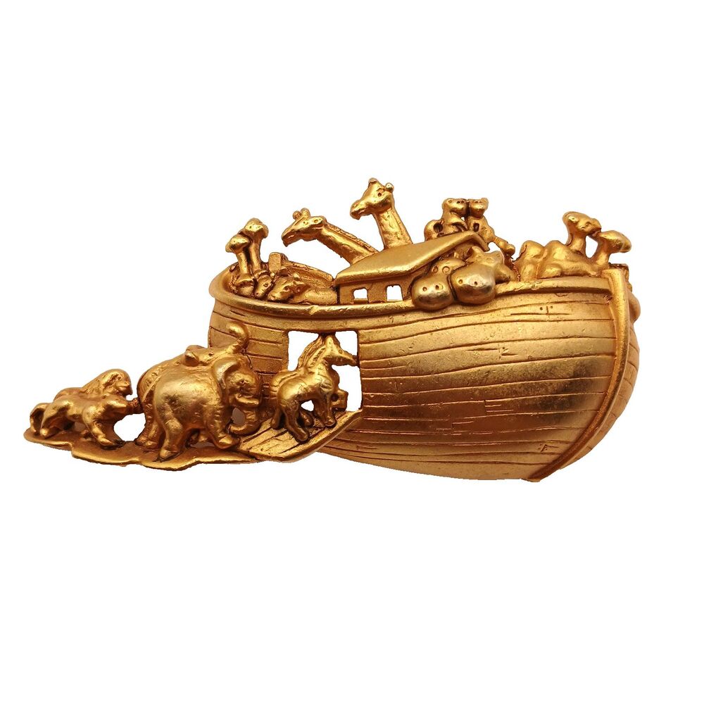 Vintage Noah's Ark Brooch Pin Bible Religious Gold Tone Metal Signed AJC